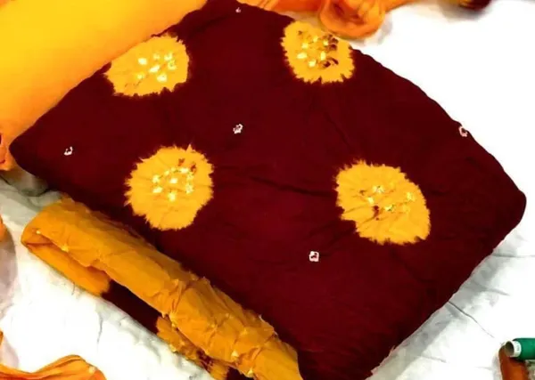 Unstitched_Red_&_Yellow_Pure_Cotton_Bandhni_Dress_Material_For_Women