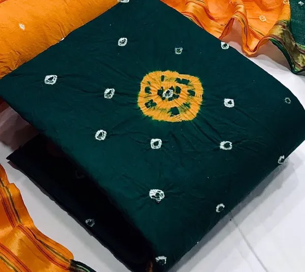 Unstitched_Green_&_Yellow_Pure_Cotton_Bandhni_Dress_Material_For_Women