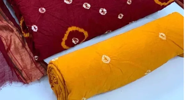 Unstitched_Red_&_Yellow_Pure_Cotton_Bandhni_Dress_Material_For_Women