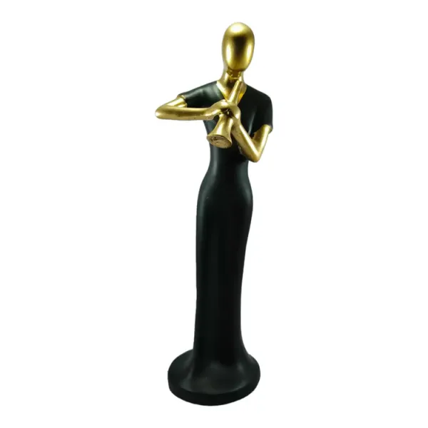 Black_And_Gold_Handcrafted_Resin_Shehnai_(Bugle)_Women_Player_Showpiece_For_Home_And_Office_Decor_8.9_X_8.9_X_30.5_Cm