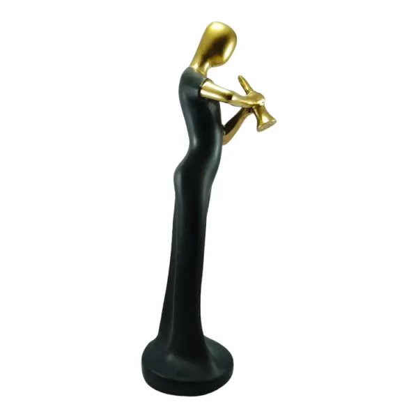 Black_And_Gold_Handcrafted_Resin_Shehnai_(Bugle)_Women_Player_Showpiece_For_Home_And_Office_Decor_8.9_X_8.9_X_30.5_Cm