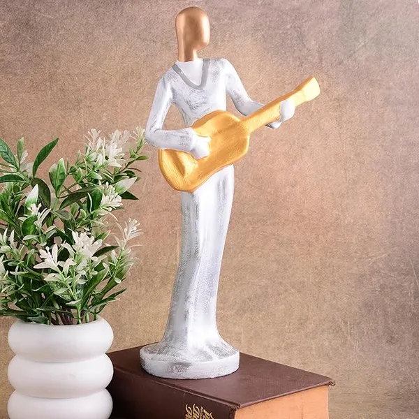 White_And_Gold_Handcrafted_Resin_Guitar_Women_Player_Showpiece_For_Home_And_Office_Decor_8.9_X_8.9_X_30.5_Cm