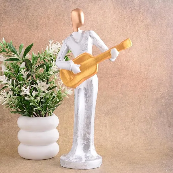 White_And_Gold_Handcrafted_Resin_Guitar_Women_Player_Showpiece_For_Home_And_Office_Decor_8.9_X_8.9_X_30.5_Cm