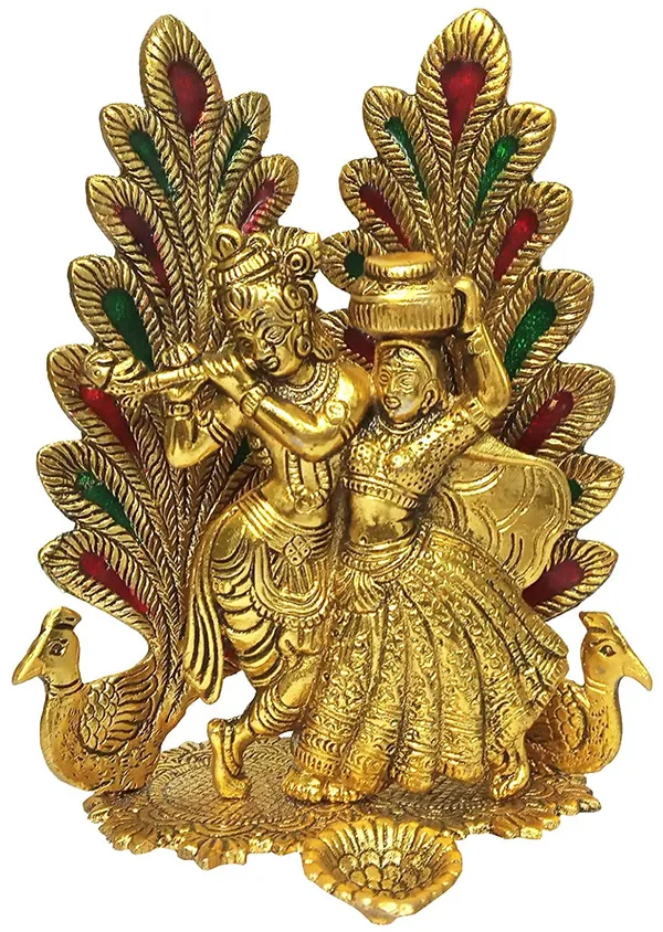 Golden_Metal_Peacock_Design_Radha_Krishna_Idol_Showpiece_With_Diya_For_Puja_And_Home_Decor_(6.6_Inch_X_5.4_Inch)