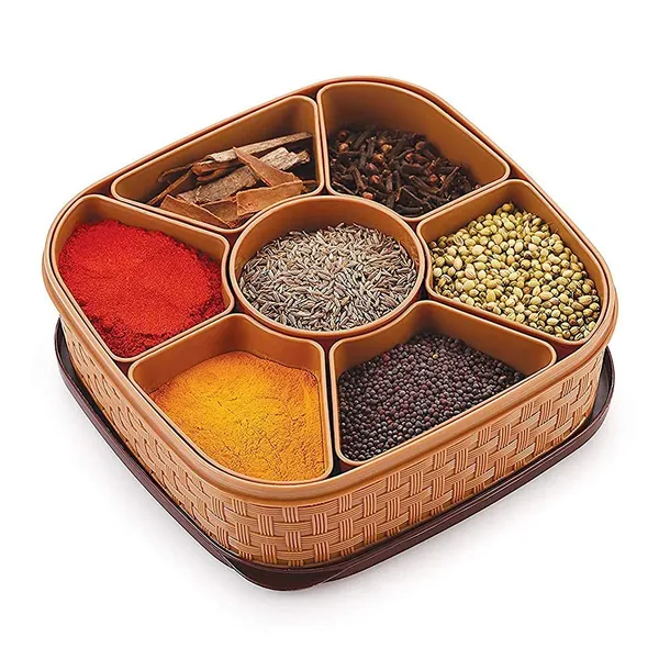 Multicolor_Plastic_Square_7_Sections_Multipurpose_Masala_Rangoli_Dabba_Box_Set_(19.2L_X_19.2W_X_6.4H_Cm)_(2_Pc)