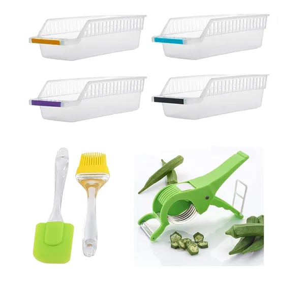 Multicolor_Silicone_Spatula_And_Brush,_2_In_1_Cutter_&_Peeler,Fridge_Storage_Basket_Shelf_Organizer_(10_X_10_X_8_Cm)_(Set_Of_3)