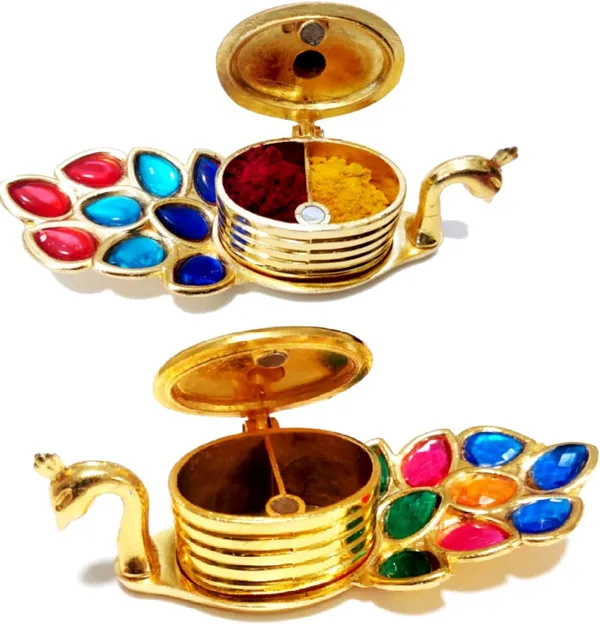 Golden_Peacock_Shape_Heavy_Grade_Aluminium_Chandan_Roli_Kumkum_Chawal_Box_For_Pooja_(6_X_11_X_6_Cm)_(Set_Of_2)