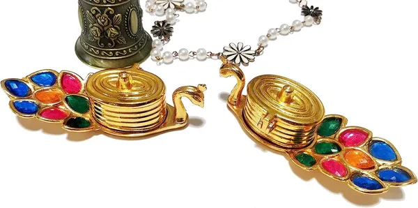 Golden_Peacock_Shape_Heavy_Grade_Aluminium_Chandan_Roli_Kumkum_Chawal_Box_For_Pooja_(6_X_11_X_6_Cm)_(Set_Of_2)