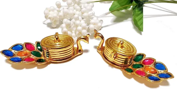 Golden_Peacock_Shape_Heavy_Grade_Aluminium_Chandan_Roli_Kumkum_Chawal_Box_For_Pooja_(6_X_11_X_6_Cm)_(Set_Of_2)