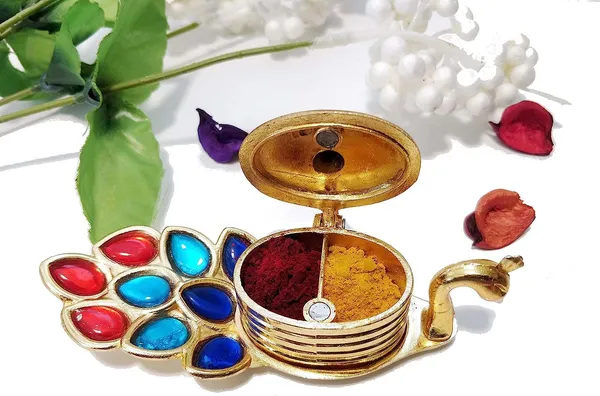 Golden_Peacock_Shape_Heavy_Grade_Aluminium_Chandan_Roli_Kumkum_Chawal_Box_For_Pooja_(6_X_11_X_6_Cm)_(Set_Of_2)