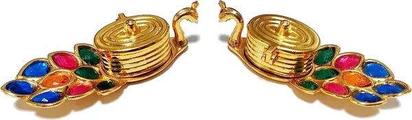 Golden_Peacock_Shape_Heavy_Grade_Aluminium_Chandan_Roli_Kumkum_Chawal_Box_For_Pooja_(6_X_11_X_6_Cm)_(Set_Of_2)