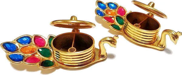 Golden_Peacock_Shape_Heavy_Grade_Aluminium_Chandan_Roli_Kumkum_Chawal_Box_For_Pooja_(6_X_11_X_6_Cm)_(Set_Of_2)