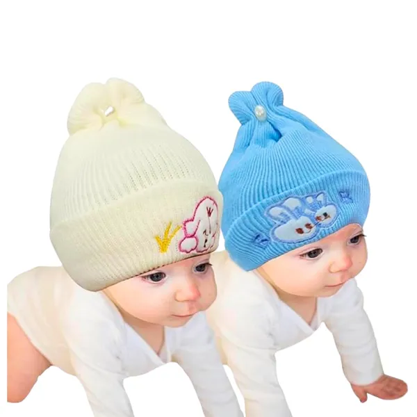 Cream_&_Blue_Newborn_Baby_Winter_Beanie_Cap_With_Ear_Protection_(Pack_Of_4)