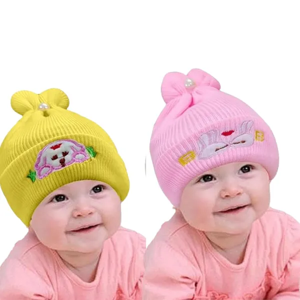 Yellow_&_Pink_Newborn_Baby_Winter_Beanie_Cap_With_Ear_Protection_(Pack_Of_4)