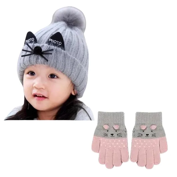 Grey_&_Pink_Soft_Pom_Pom_Beanie_With_Cat_Ears_Gloves_For_Kids