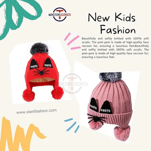 Grey_&_Pink_Soft_Pom_Pom_Beanie_With_Cat_Ears_Gloves_For_Kids