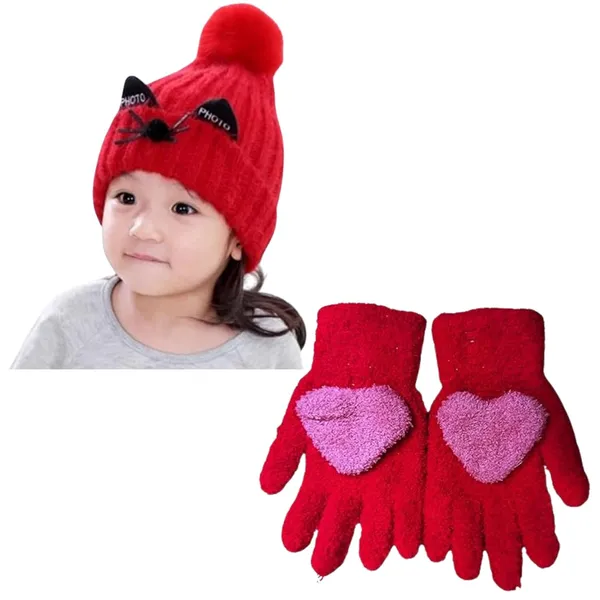 Red_Soft_Pom_Pom_Beanie_With_Cat_Ears_Gloves_For_Kids