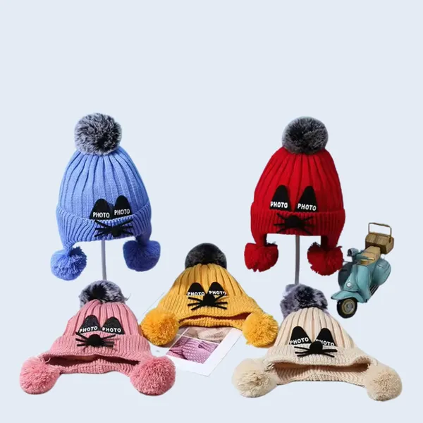 Red_Soft_Pom_Pom_Beanie_With_Cat_Ears_Gloves_For_Kids