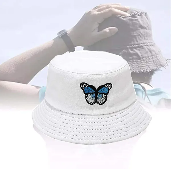 White_Butterfly_Embroidered_Bucket_Hat_For_Women_Men