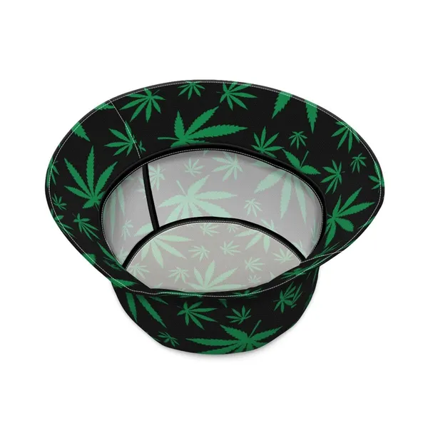 Black_Packable_Cotton_Weed_Leaf_Print_Bucket_Hat_For_Men_And_Women