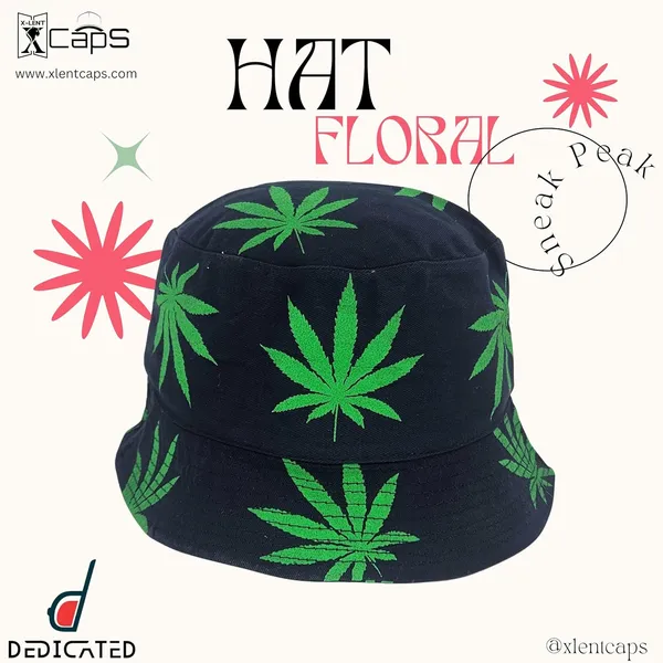Black_Packable_Cotton_Weed_Leaf_Print_Bucket_Hat_For_Men_And_Women