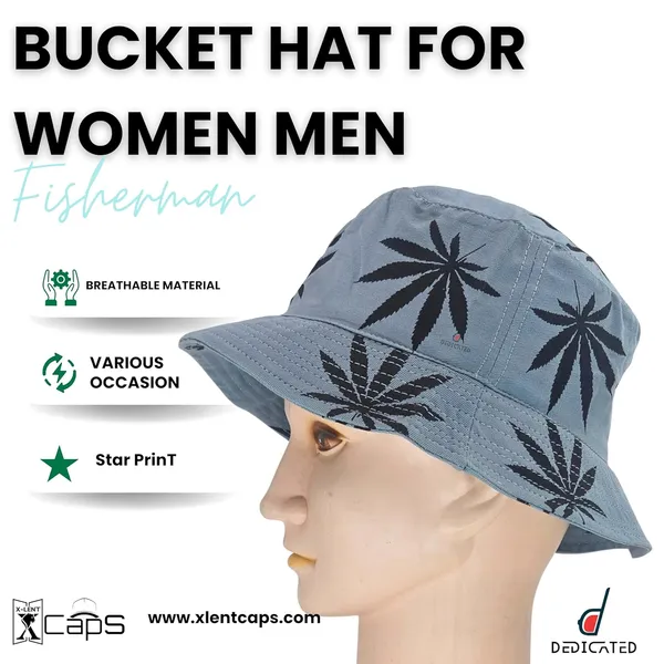 Dark_Grey_Packable_Cotton_Weed_Leaf_Print_Bucket_Hat_For_Men_And_Women
