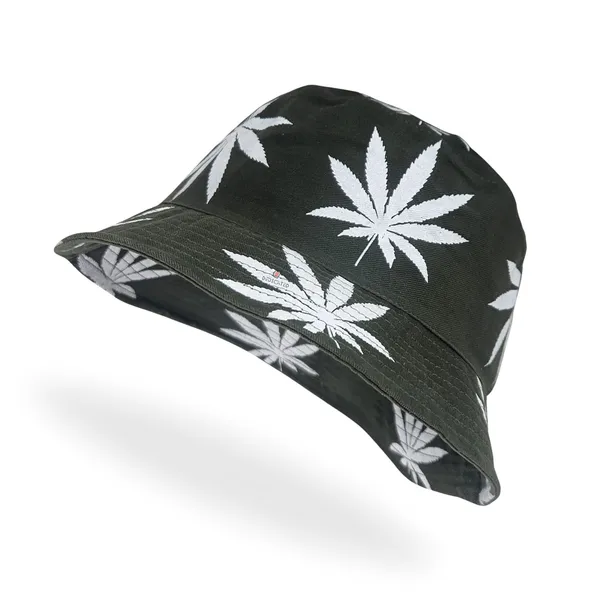 Green_Packable_Cotton_Weed_Leaf_Print_Bucket_Hat_For_Men_And_Women
