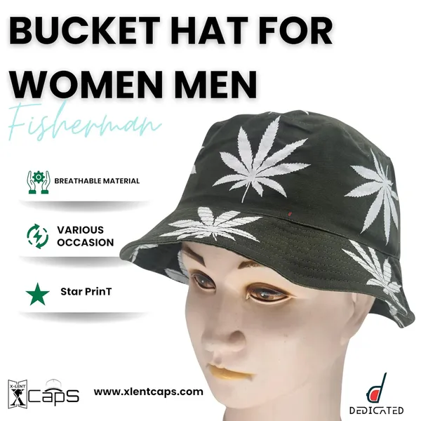 Green_Packable_Cotton_Weed_Leaf_Print_Bucket_Hat_For_Men_And_Women