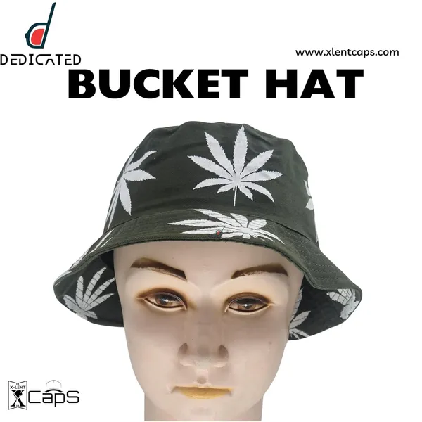 Green_Packable_Cotton_Weed_Leaf_Print_Bucket_Hat_For_Men_And_Women