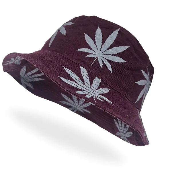Maroon_Packable_Cotton_Weed_Leaf_Print_Bucket_Hat_For_Men_And_Women