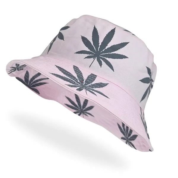 Pink_Packable_Cotton_Weed_Leaf_Print_Bucket_Hat_For_Men_And_Women