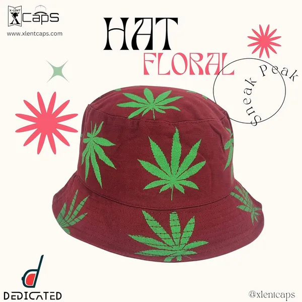 Red_Packable_Cotton_Weed_Leaf_Print_Bucket_Hat_For_Men_And_Women