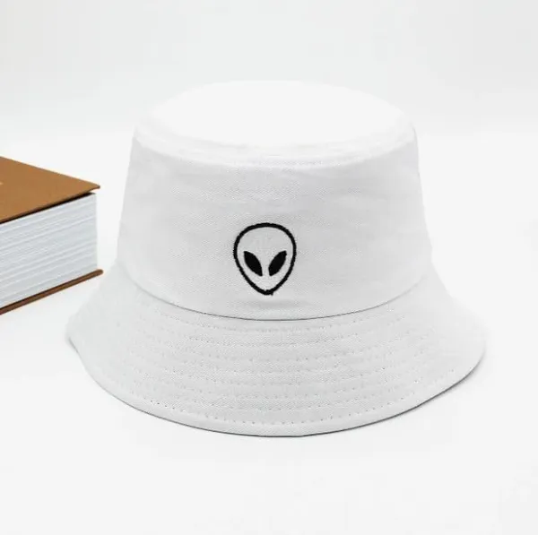 White_Alien_Bucket_Hat_Ufo_Abduction_Apparel_Cap