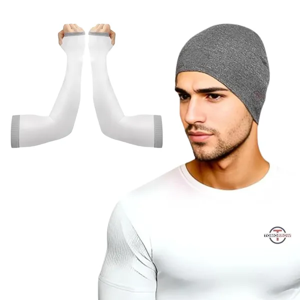 White_&_Charcoal_UV_Protection_Motorcycle_Helmet_Liner_Cap_&_Sun_Protection_Arm_Sleeves_(Pack_Of_2)