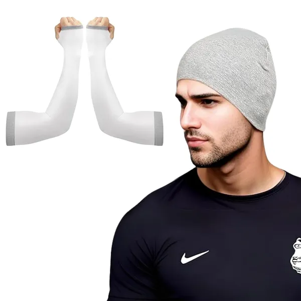 White_&_Silver_UV_Protection_Motorcycle_Helmet_Liner_Cap_&_Sun_Protection_Arm_Sleeves_(Pack_Of_2)