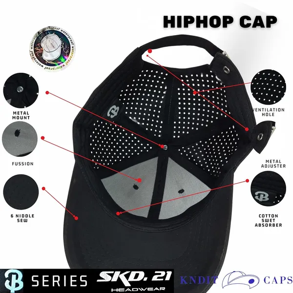 Black_Waterproof_Polyester_Double_Layer_Baseball_Cap_For_Men_&_Women_(4_Panel_Breathable_Holes)