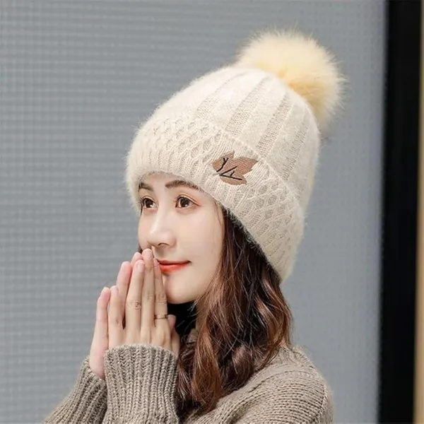 Cream_Eyelash_Embroidered_Beanie_With_Pom-Pom_For_Women