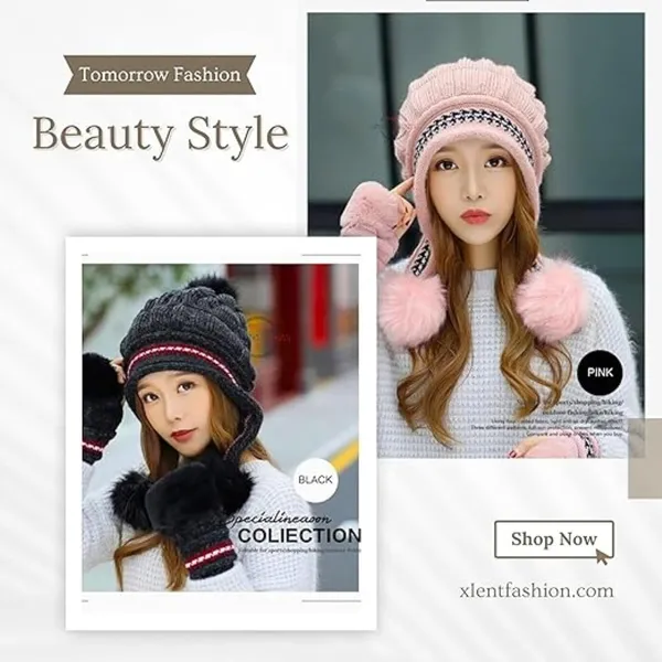Pink_Knit_Beanie_Hat_&_Touch_Screen_Gloves_With_Premium_Materials_Fit