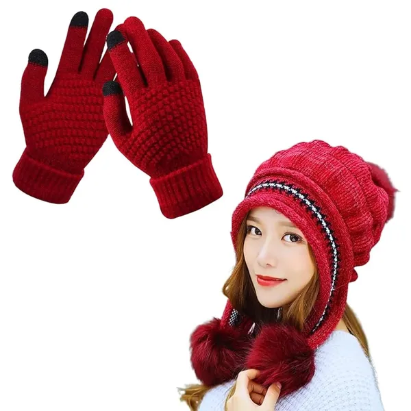Red_Knit_Beanie_Hat_&_Touch_Screen_Gloves_With_Premium_Materials_Fit
