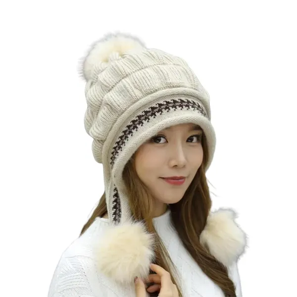 Cream_Women_Fleece-Lined_Beanie_With_Pom-Pom_For_Women