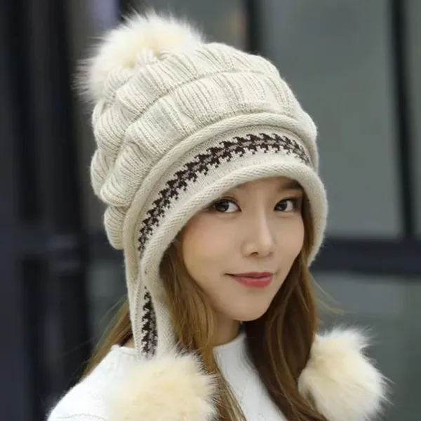 Cream_Women_Fleece-Lined_Beanie_With_Pom-Pom_For_Women