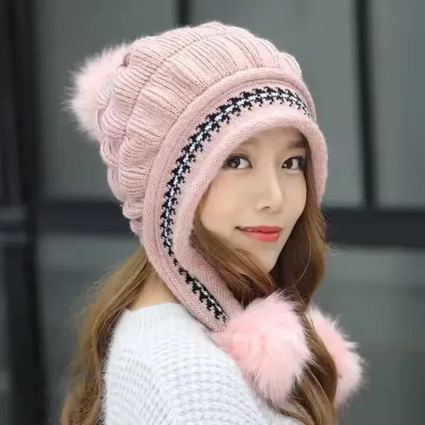 Pink_Women_Fleece-Lined_Beanie_With_Pom-Pom_For_Women