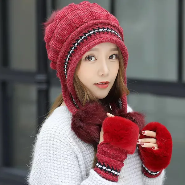 Red_Women_Fleece-Lined_Beanie_With_Pom-Pom_For_Women