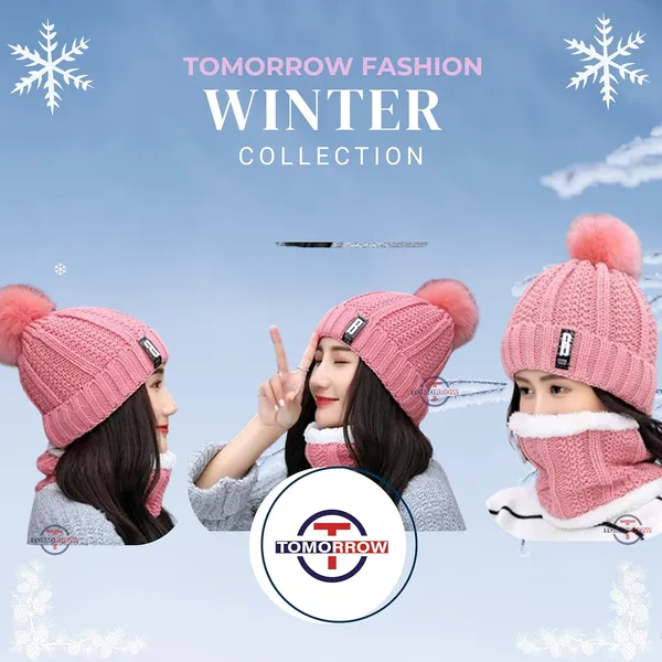 Pink_Winter_Woolen_Beanie_Cap_And_Neck_Scarf_Warmer_Set_For_Women