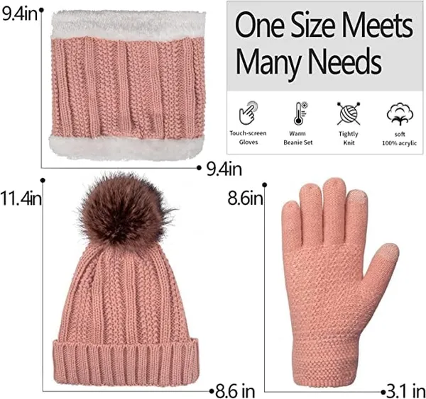 Pink_Unisex_Casual_Style_Wool_Winter_Cap,_Neck_Warmer_Scarf_With_Touch_Gloves_Set_Beanie_(3_Piece_Set)