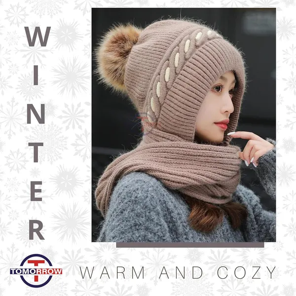 Chocolate_Winter_Knit_Beanie_Hat_Scarf_Set_With_Pom_Pom