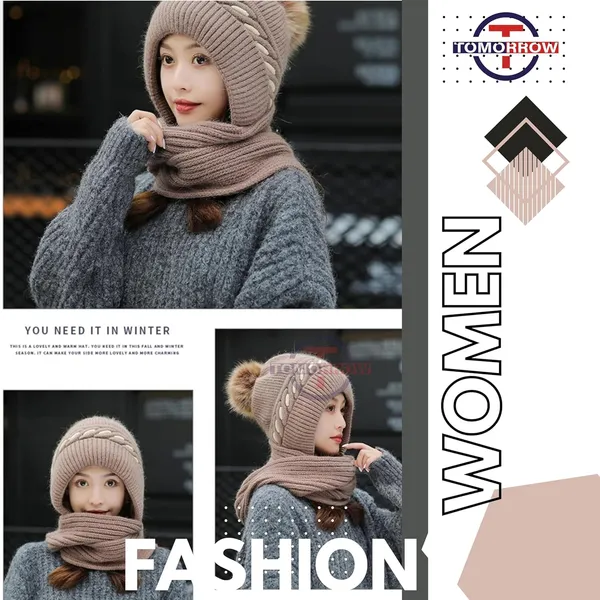 Chocolate_Winter_Knit_Beanie_Hat_Scarf_Set_With_Pom_Pom