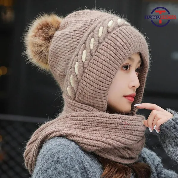 Chocolate_Winter_Knit_Beanie_Hat_Scarf_Set_With_Pom_Pom
