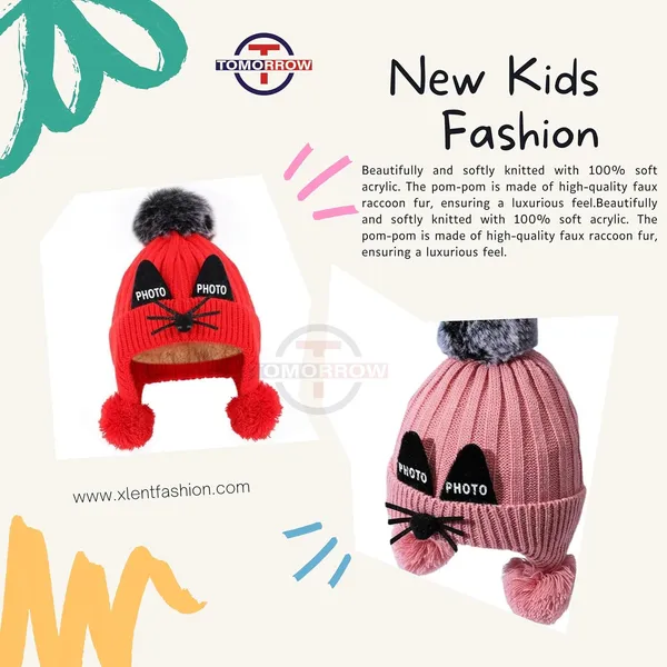 Cream_Knitted_Pom-Pom_Cap_With_Faux_Raccoon_Fur_For_Boys_And_Girls