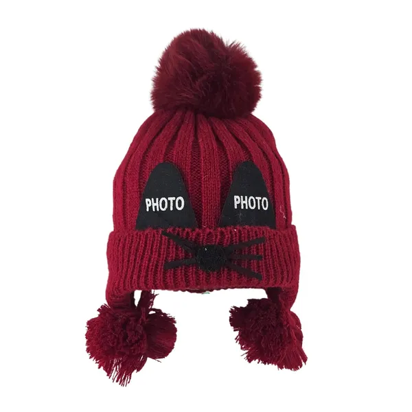 Maroon_Knitted_Pom-Pom_Cap_With_Faux_Raccoon_Fur_For_Boys_And_Girls